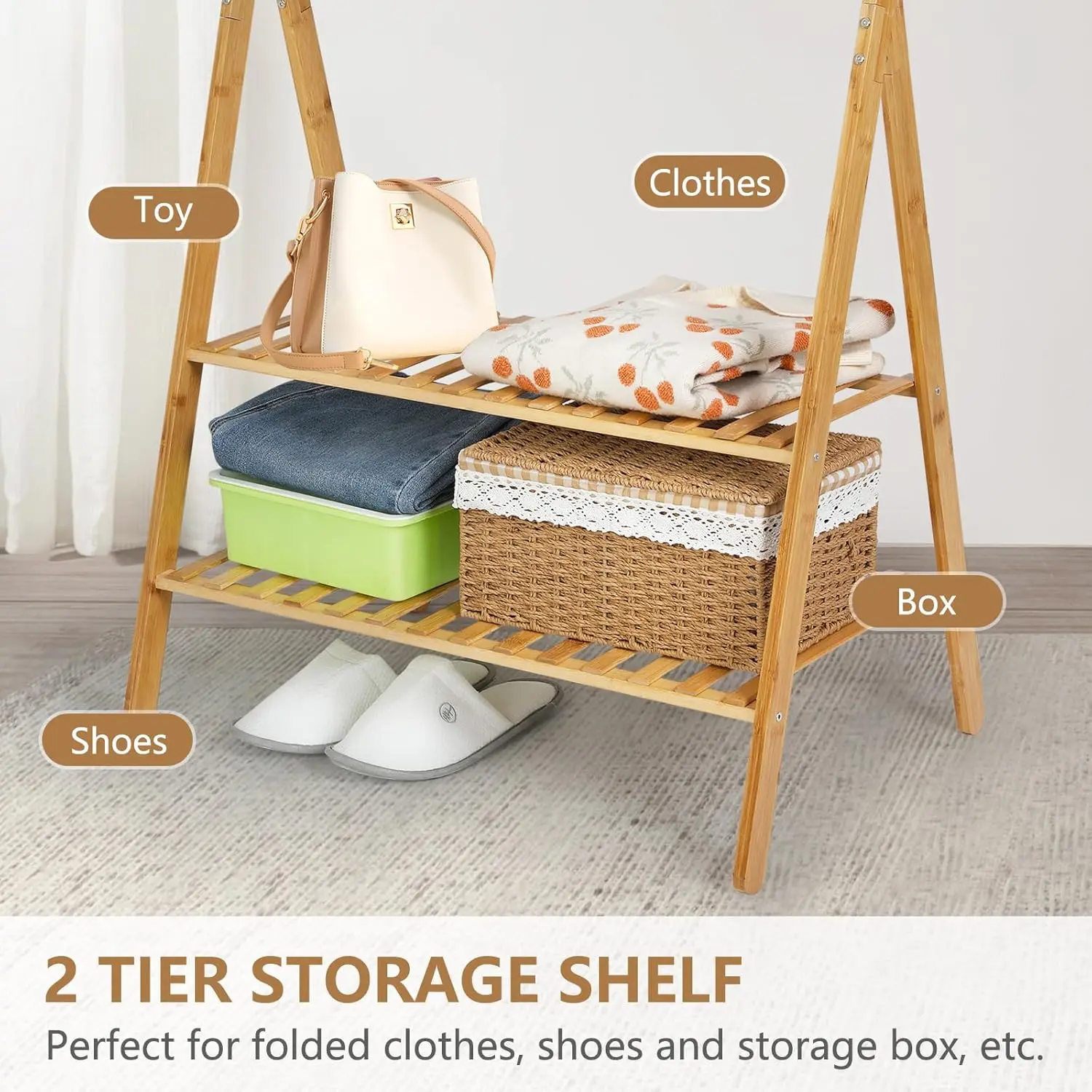 Bamboo Clothing Rack Double Rod Garment Rack with 2 Tier Storage Shelf Closet Organizer for Guest Room, Laundry Room, Apartment, 3