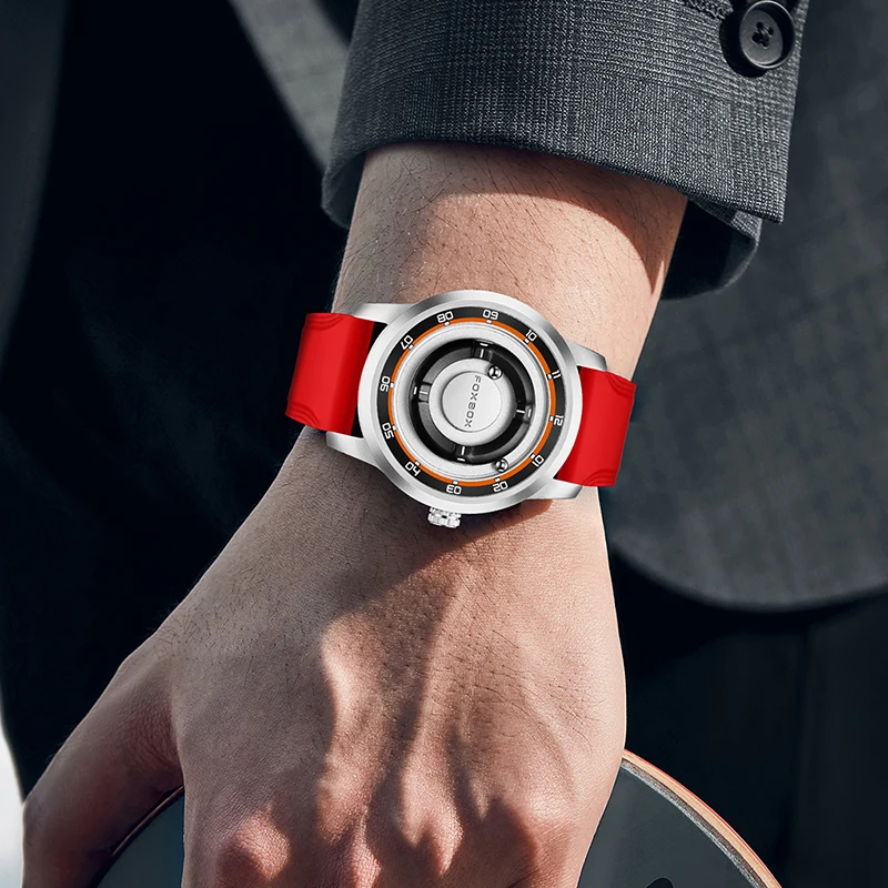 FOXBOX New Men Watch Fashion Red Silicone Waterproof Scrolling Pointer Magnetic Force Quartz Watches For Men Relogio Masculino