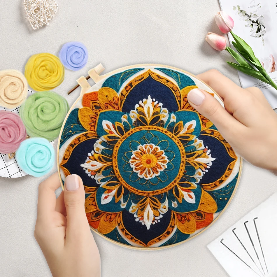 CHENISTORY Wool Felt Kit With Frame Felting Needles Mandala Flower Butterfly Wool Felt Tool DIY Handwork Felting Painting