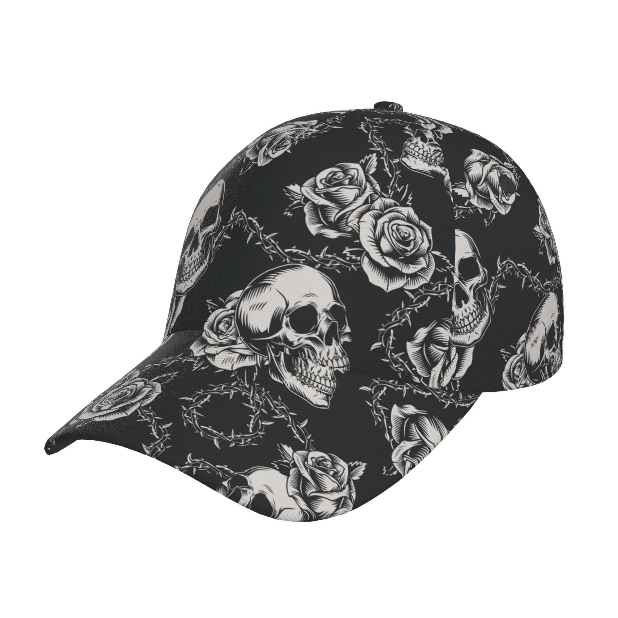 

Roses and Skulls Baseball Cap Print Men Women Cool Fashion Adjustable Dad Hat for Sports Travel One Size Snapback