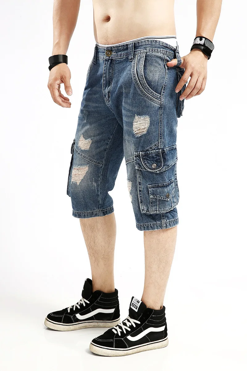 Summer Mens Retro Cargo Denim Shorts Vintage Acid Washed Faded Multi