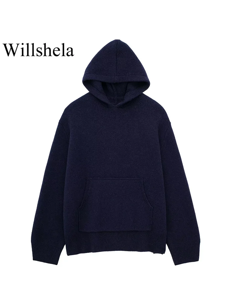 

Willshela Women Fashion Navy Blue Knitted Loose Hoodies Sweatshirts Vintage Hooded Neck Long Sleeves Female Chic Lady Outfits