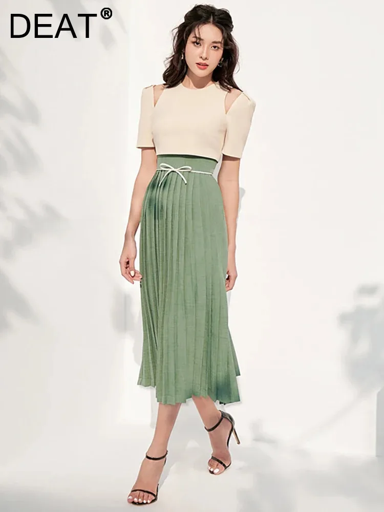 

DEAT Women Fashion Dress O-neck High Waist Contrast Color Lace-up Pleated Hollow Out Elegant Dresses Spring 2024 New 13DB2942