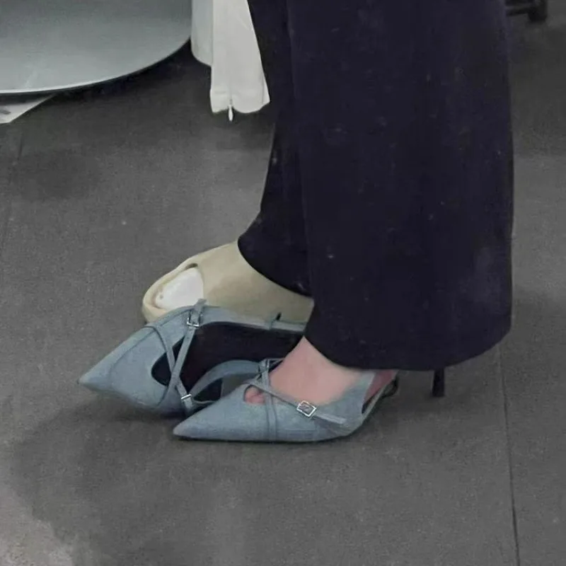 2025 New Women's Jeans Heeled Sandals Pointed High Heel Office Lady Shoes Beautiful Women high heels  Shoes  sandalias mujer 3