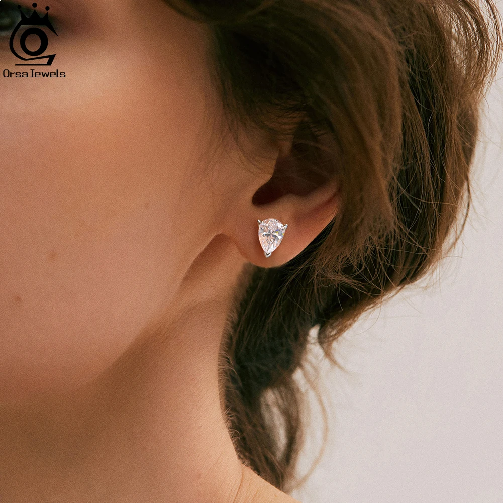 ORSA JEWELS 925 Sterling Silver Pear-Cut Zircon Stud Earrings for Women Fashion 8A Premium CZ Earrings Anniversary Jewelry LZE02