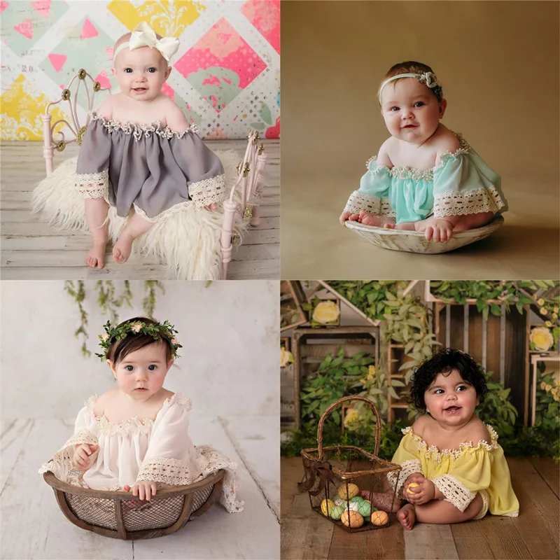 Newborn Photography Props Baby Photo Garment Female Baby Lace Dew Shoulder The Bowknot Suits Photo Clothes newborn photography props clothing baby lace embroidery perspective skirt dress infants photo clothes