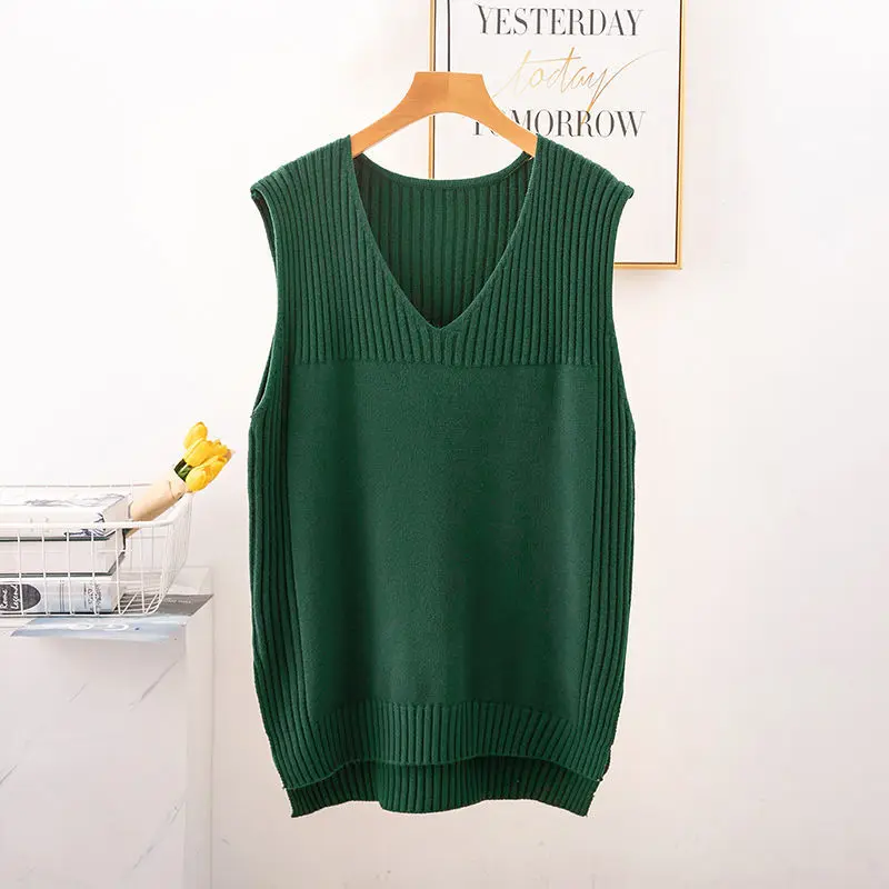 

2022 Spring New V-neck Solid Color Seelveless Lady Knit Sweater Streetwear Fashion Loose Wild Outgoing Female Vest Green