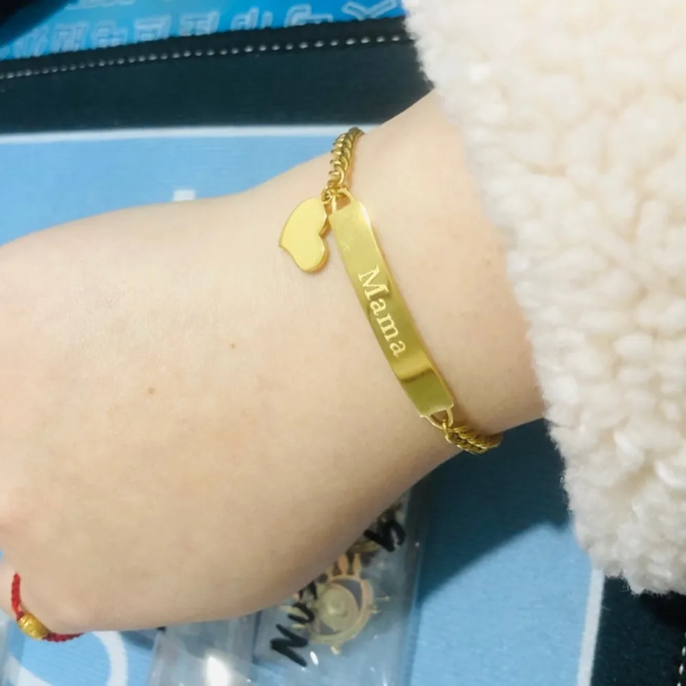 

Personalized Name Bar With Dangle Heart Bracelet Engraving Jewelry Customize Stainless Steel Bangle Ablution Birthday Gift