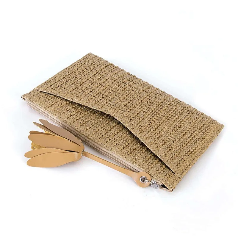 2024 Women Trend Straw Evenlope Clutch Handbag Summer Beach Woven Rattan Party Purse with Floral Pattern Tassels Messenger Bags