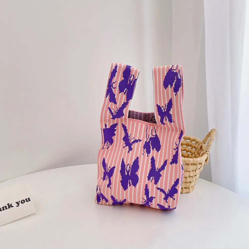 Handmade Knit Handbag Women Mini Knot Wrist Bag Japanese Casual Color Wide Stripe Plaid Tote Bag Student Reusable Shopping Bags
