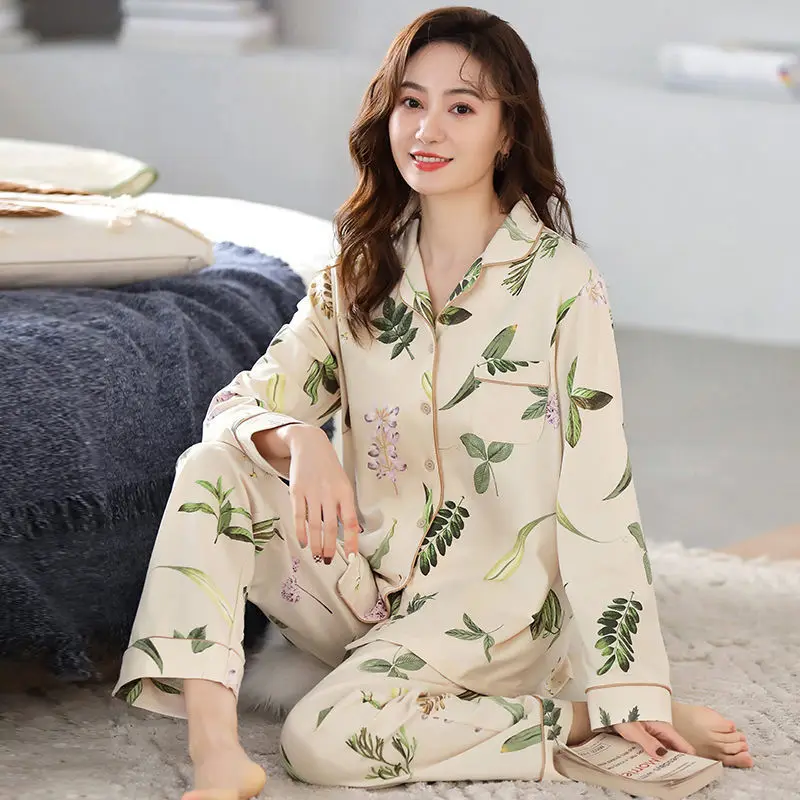 Spring Autumn Women's Thin 100% Pure Cotton Pajamas Long Sleeve Cardigan Pants Home Clothing Set Oversized Casual Sleepwear