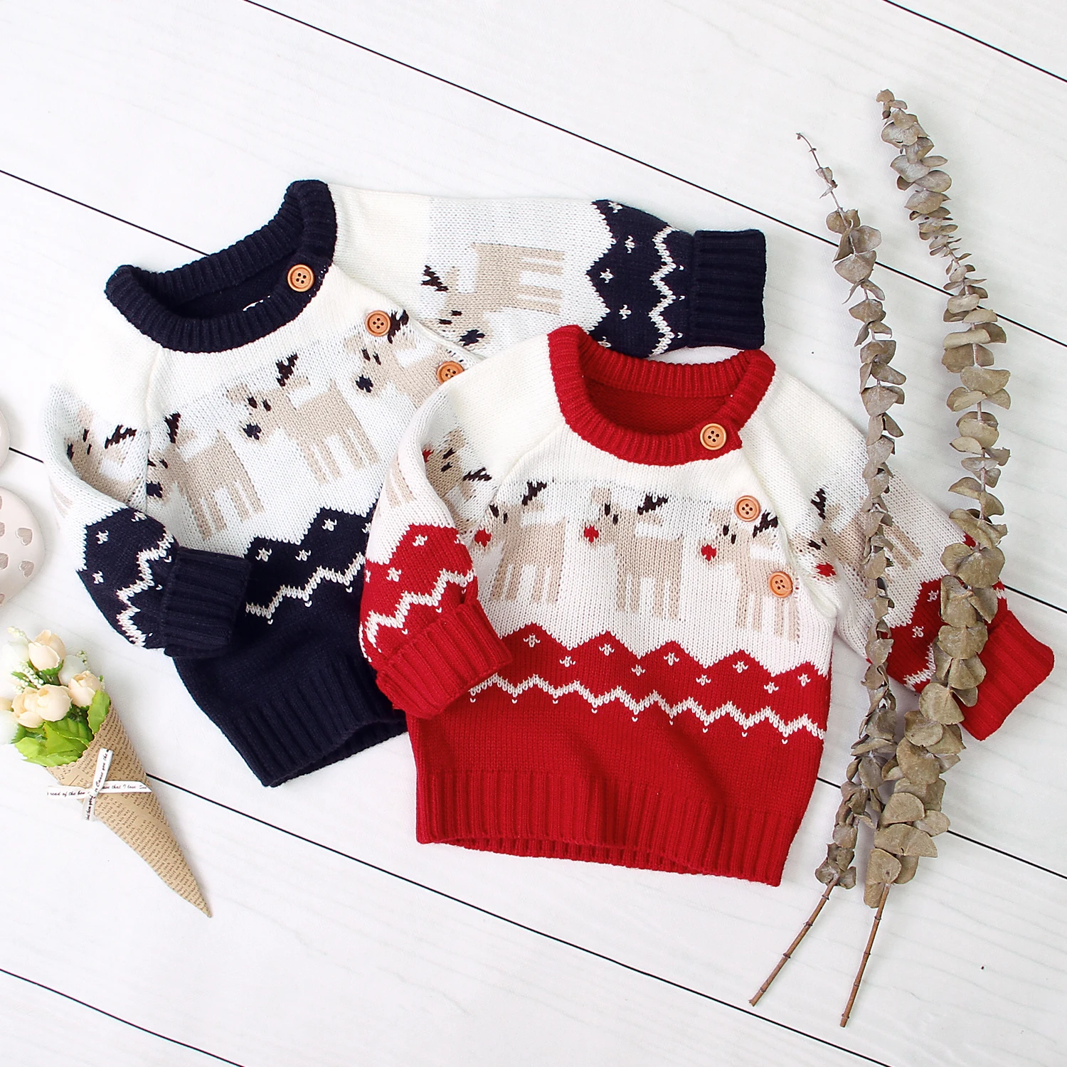 Baby Christmas Sweaters Long Sleeve Knit Elk Printed Tops for Kid Girl Boy