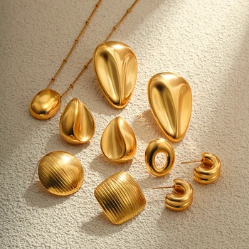 Trendy Geometric Round Square Striped Texture Stainless Steel Stud Earrings for Women Golden Color Necklace Simple Jewelry Gifts