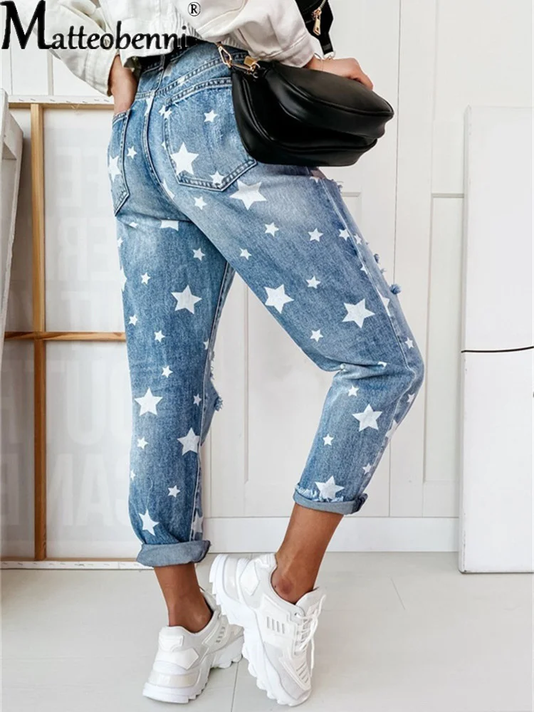 

With Five-Pointed Star Ripped Jeans Street Casual Blue Denim Pants 2023 Autumn Boyfriend Jeans Woman Slim Hole Jeans For Ladies