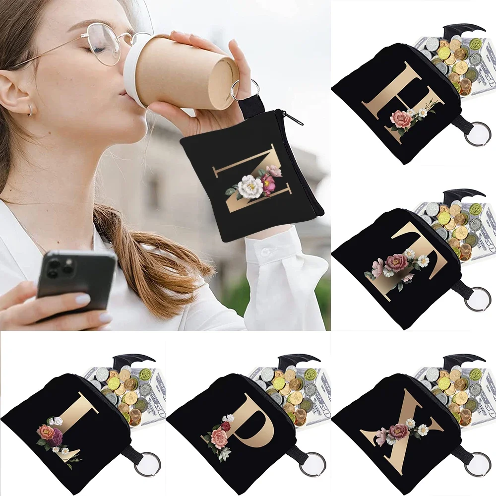 Wallet Unisex Coin Bag Earplugs Key Storage Bag Small Object Ring Buckle Organizer Black Canvas Gold Letter Print Pattern Series