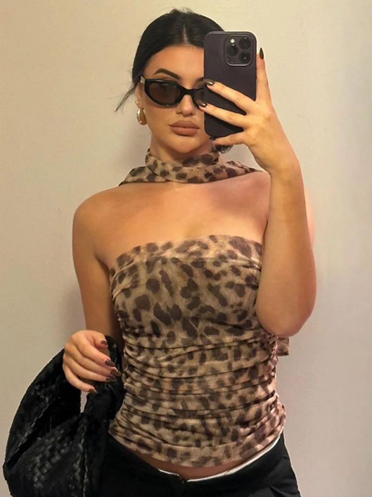 

Tossy Summer Leopard Printed Tank Top Female Slim Sexy Bandage Fashion Backless Tube Tops Vest High Street Women Cropped Y2k Top