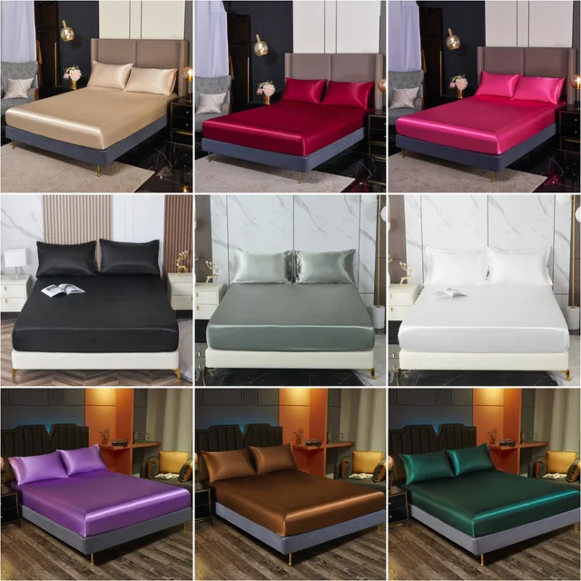 Drap-housse élastique en Satin à la mode, 3 pièces, bandes élastiques pour housse de matelas, literie (1 drap-housse + 2 taies d'oreiller) 1