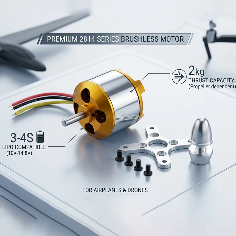 Moteur Brushless 2814 1000KV/1400KV monté sur support, câbles et hélice visibles
