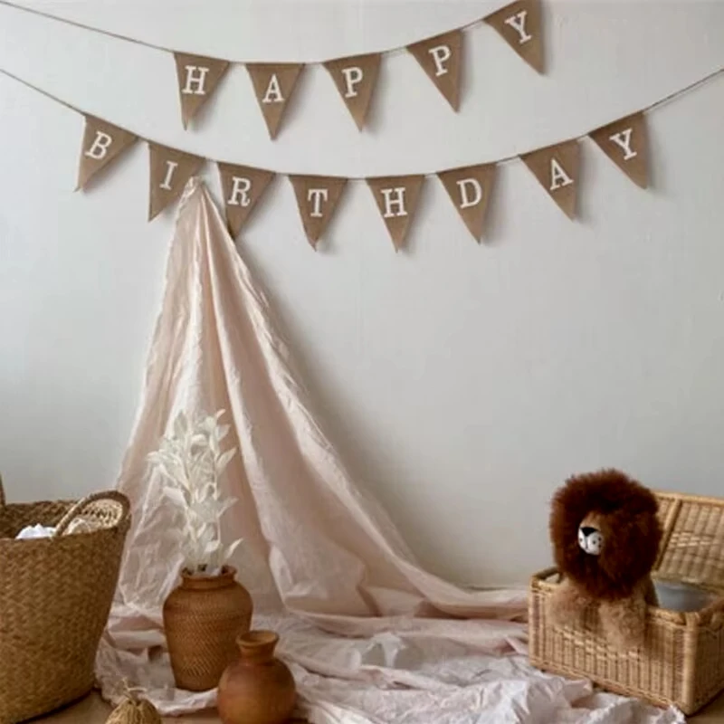 Vintage Jute Hessian Burlap Banner 13 Flags Happy Birthday Party Photography Props Celebration Party Decoration Banner birthday banner party decorations