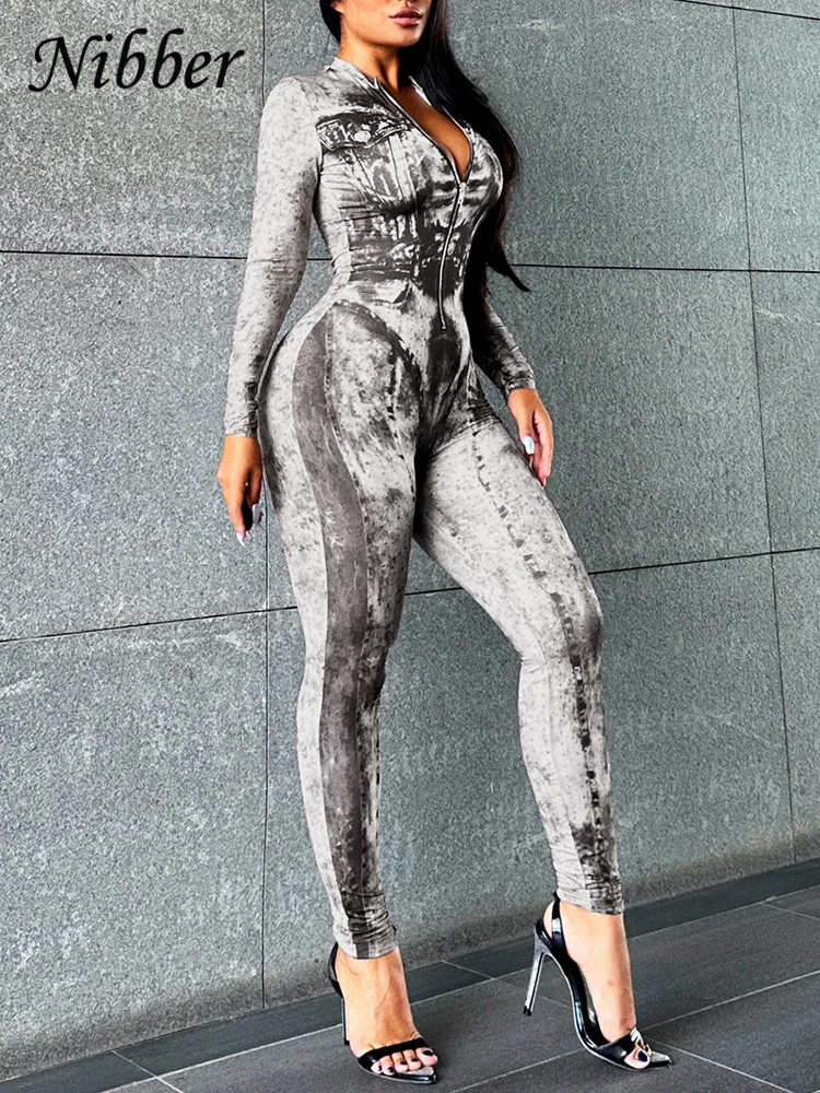 

Женский комбинезон Nibber с художественным принтом для фитнеса на молнии, тонкий спортивный осенний цельный хипстерский повседневный уличный комбинезон с длинным рукавом