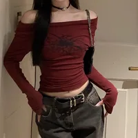 T-Shirts Grunge imprimés gothiques pour femmes, manches longues, épaules dénudées, vêtements Y2K, chemise Streetwear, Style coréen, haut court Vintage 3