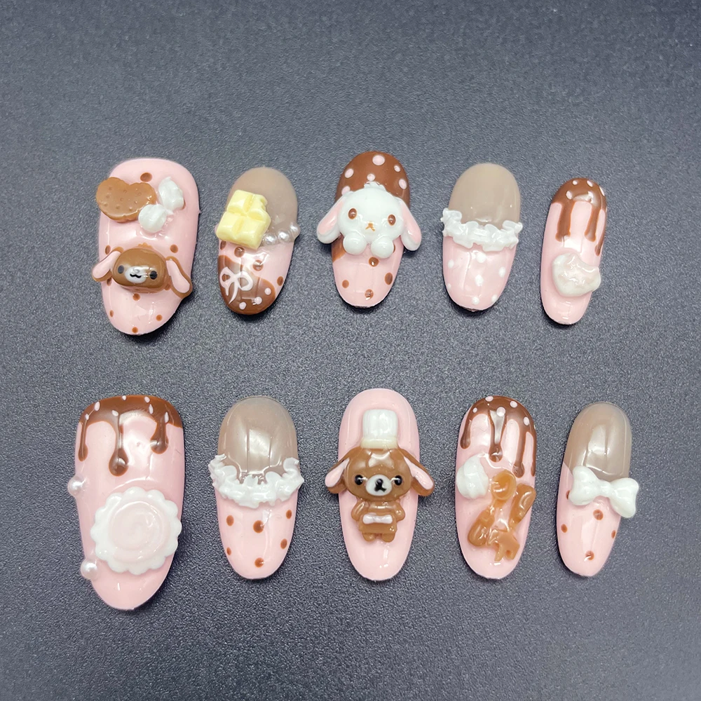 Kawaii Kaninchen-Bär Schokoladencreme Design Press-On Nägel Kurze Runde Form Niedliche Rosa Süße Keks 3D Puppen Cartoon Künstliche Nägel – Detail 10