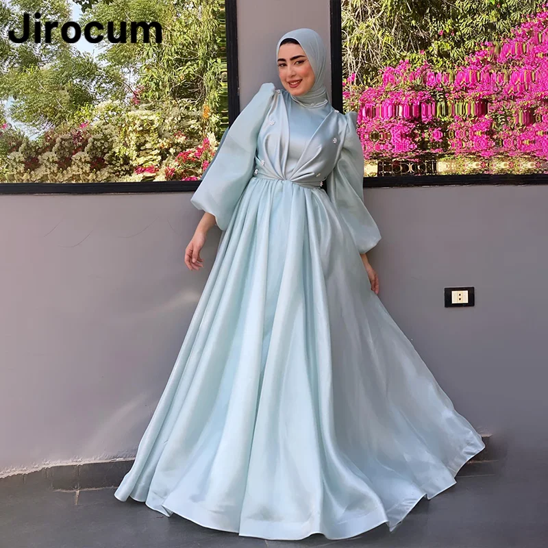 

Jirocum فساتين السهرة Blue Muslim Prom Dress Women's O Neck Long Sleeve Party Evening Gown A Line Ankle Formal Occasion Dresses