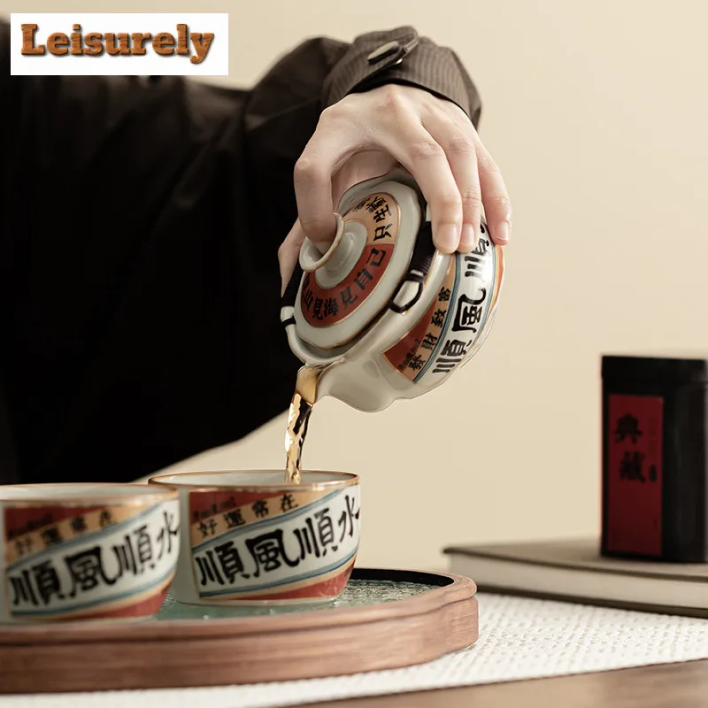 Handwritten Good Luck Ru Kiln Porcelain Teapot Retro Tea Infuser Pot Tea Maker Kettle with Filter Tea Services Supplies Gift