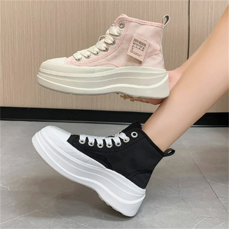 2023 New Men and Women Couple Vulcanized Shoes High Quality Thick Sole Canvas Sneakers Casual Round Toe Lace-Up Flats
