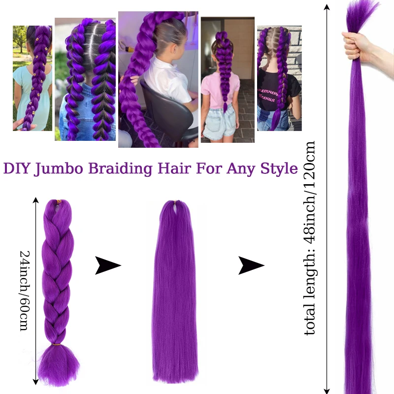 Purple Hair Extensions for Braiding Synthetic Crochet Jumbo Braids for Kids Christams Cosplay Pre Stretched Extension Purple Wig
