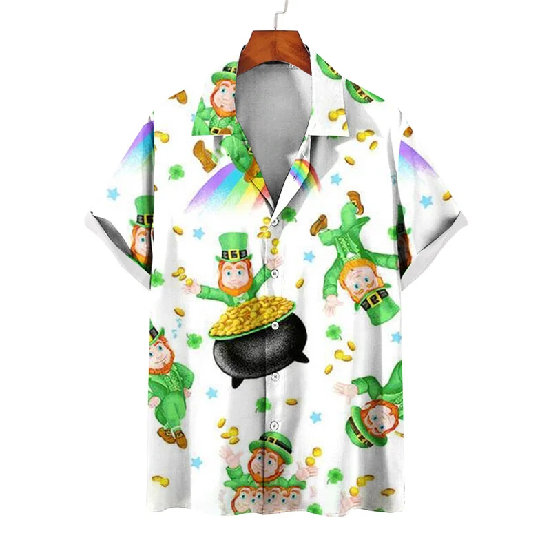 thumbnail image 1 of Camisas de playa de verano de Hawái 2024, camisa para hombre y mujer, camisa de pareja con solapa estampada de trébol de cuatro hojas, camisas florales verdes, 1 of 5