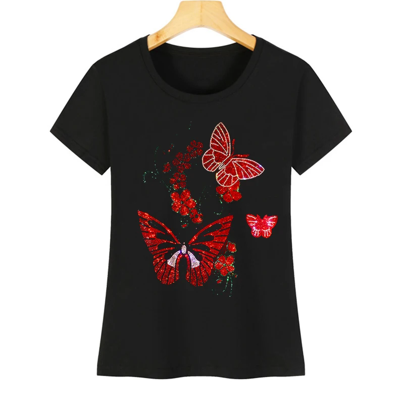 

Popular new beautiful butterfly hot diamond T-shirt female leisure short-sleeved T-shirt printing diamond inlaid T-shirt series