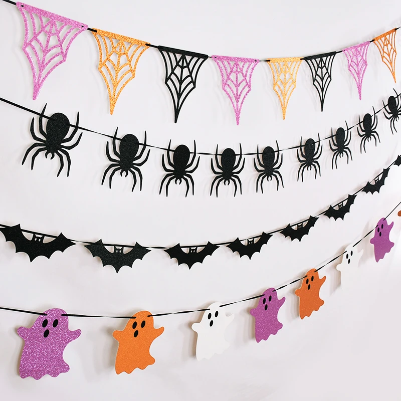 Halloween Hanging Garland Cartoon Ghost Bat Spider Bunting Paper Banner Halloween Party Home Fireplace Decoration Supplies Kids