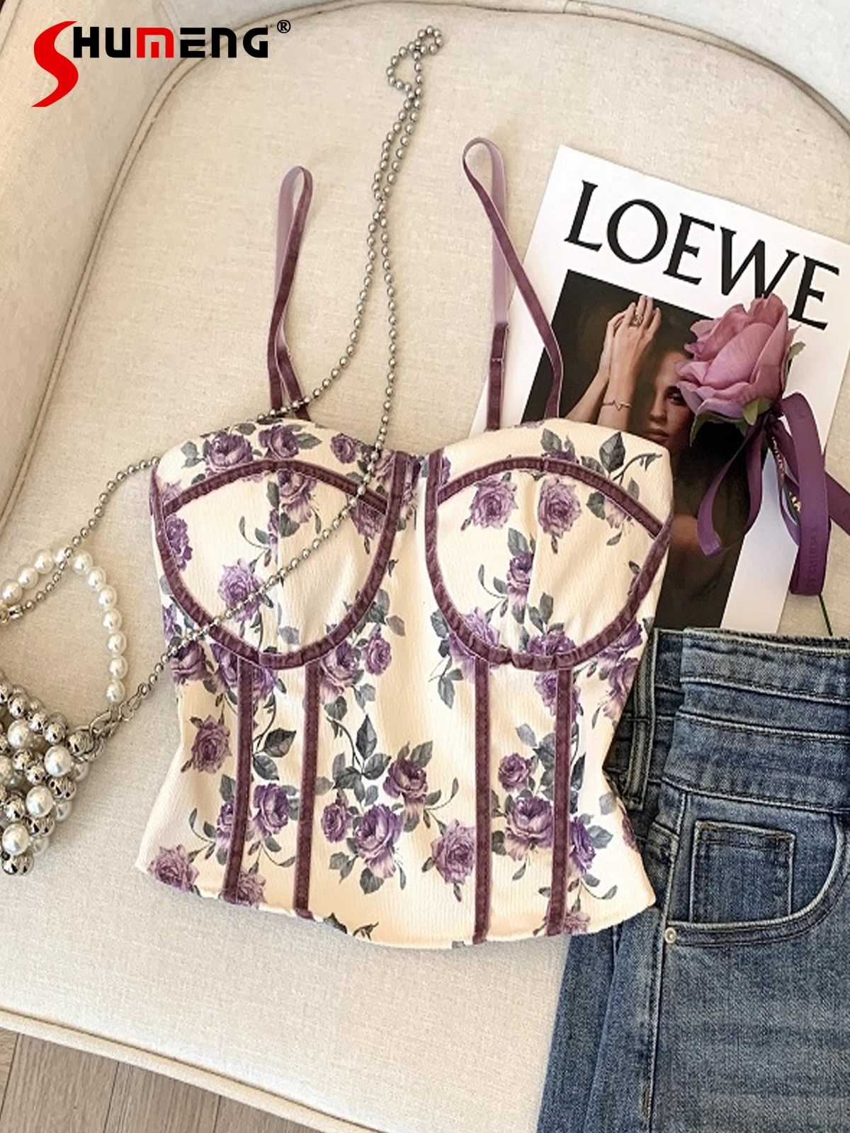 

Модный жилет с цветочным рисунком в виде рыбьей кости, женское нижнее белье на груди, красивый короткий топ на спине, базовые Топы без рукавов, лето 2024