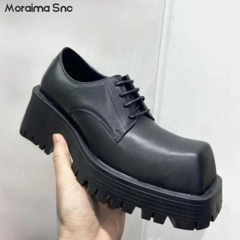 

Black Strange Strap Platform Derby Shoes Square Toe Square Root Shallow Mouth Casual Shoes Large Size Personalized Leather Shoes