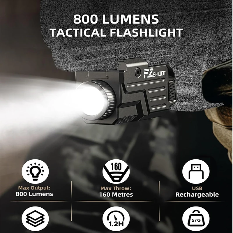 Pistol Flashlight EZshoot Tactical Flashlight 800 Lumens LED Light Compatible with Pistol Picatinny and GL Rails USB Rechargeable Strobe Mode