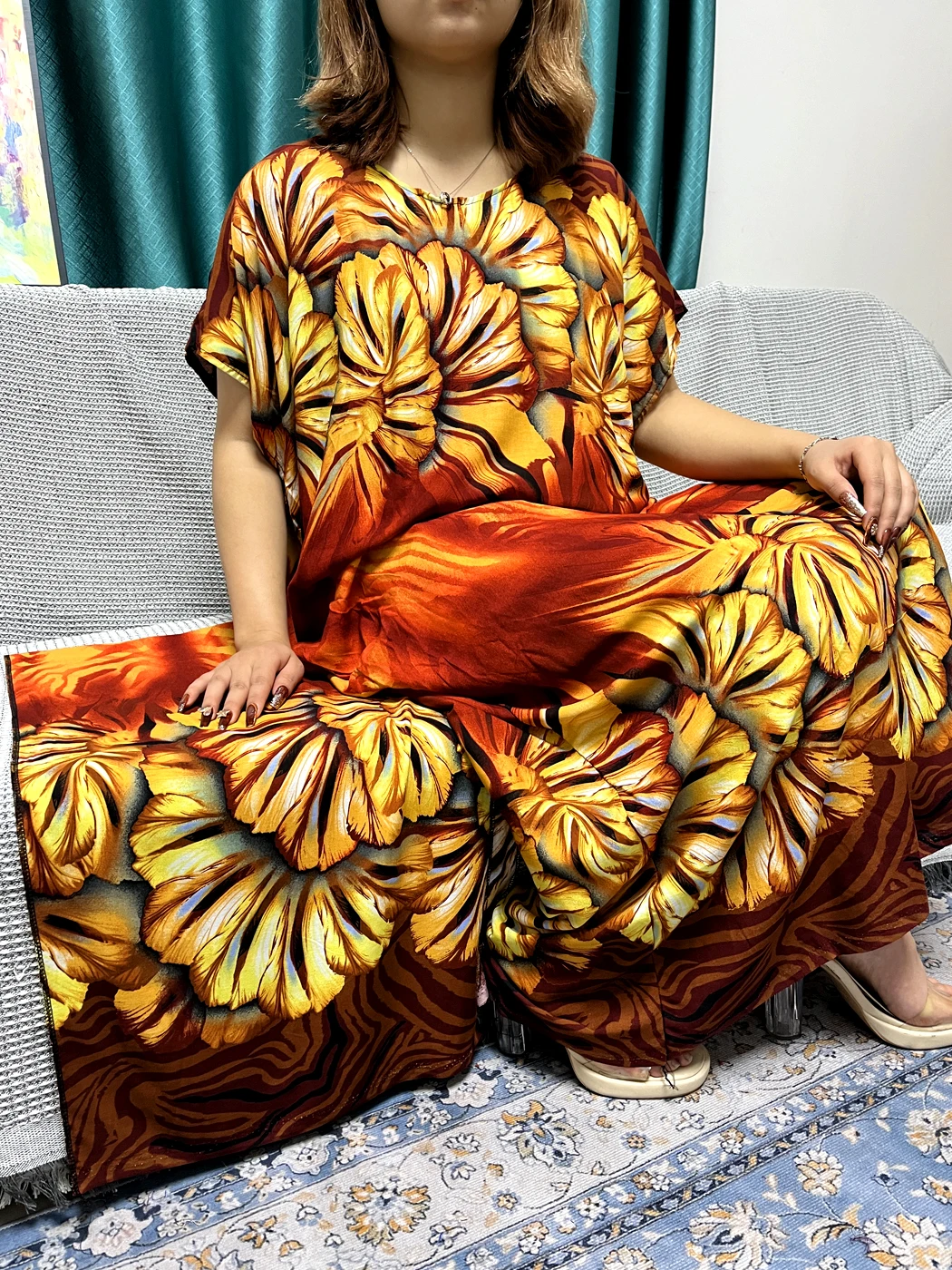 Abayas For Women Printed Flower Cotton Loose Caftan Marocain Femme Robe Muslim African Islam Nigeria Turkey Dresses With Turban