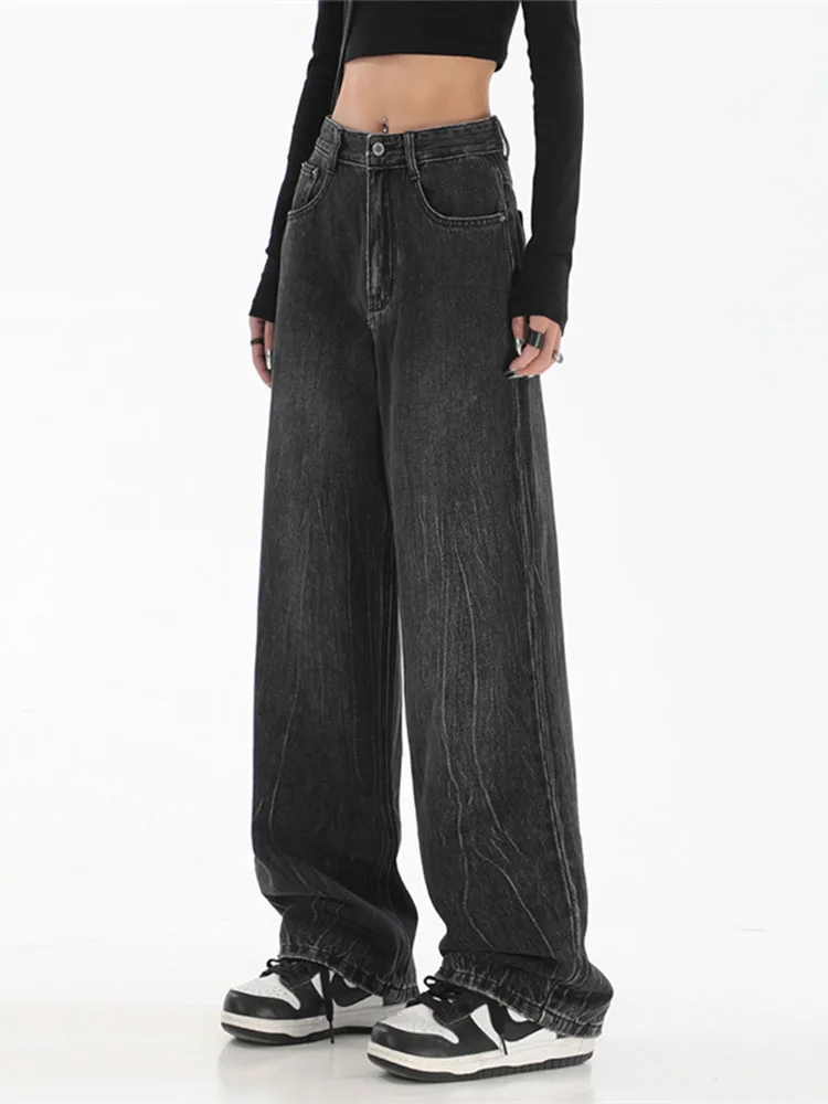

Women Washed Jeans High Waist Loose Vintage Black Denim Korean Style Womens Students All-match Simple Leisure Pants Streetwear