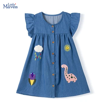 Little maven Children's Clothing Baby Girls Kids Clothes 2025 New Summer Cotton Embroidered Cartoon Dinosaurs Denim Dresses 1