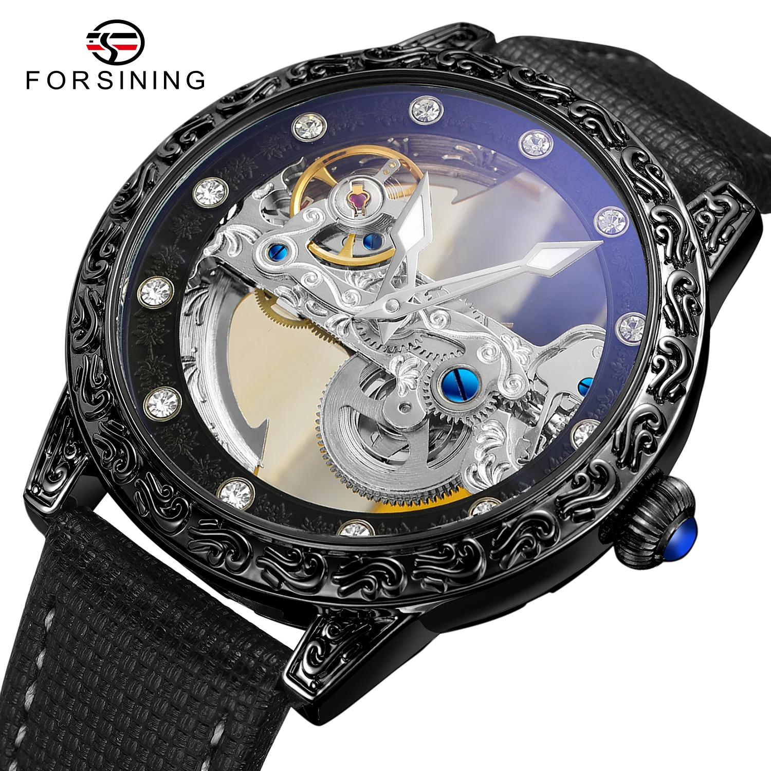 

Forsining Casual Automatic Watch 3D Diamond Skeleton Hollow Mens Wristwatches Luminous Leather Watches Tourbillon Montre Homme