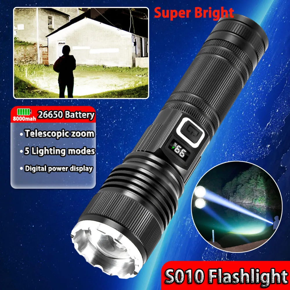 Rechargeable Flashlights High Power Led Flashlight with with Digital Power Display Zoomable 5 Modes Super Bright torch