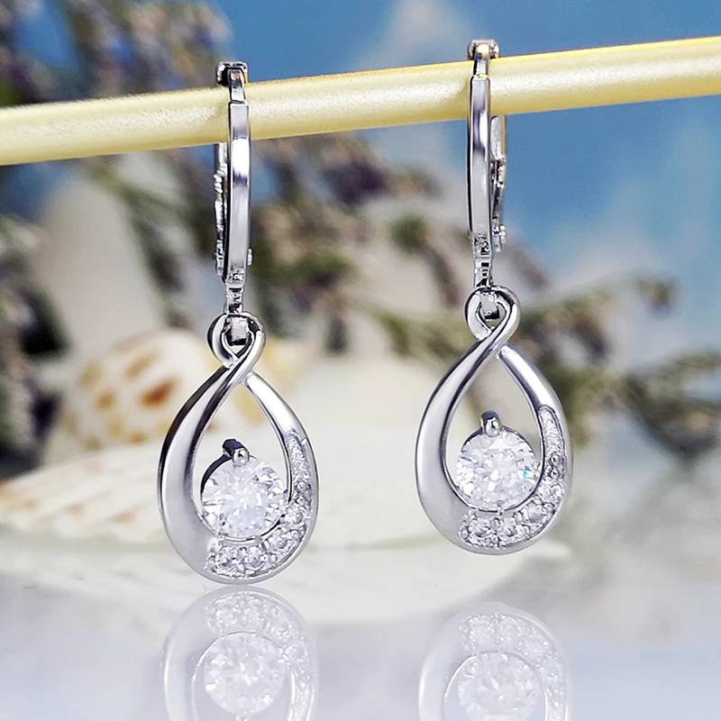Fashion Waterdrop Silver Color Hollow Out Crystal Cz Zircon Waterdrop Dangle Earring For Women Bijoux Brincos Boucles D'Oreilles