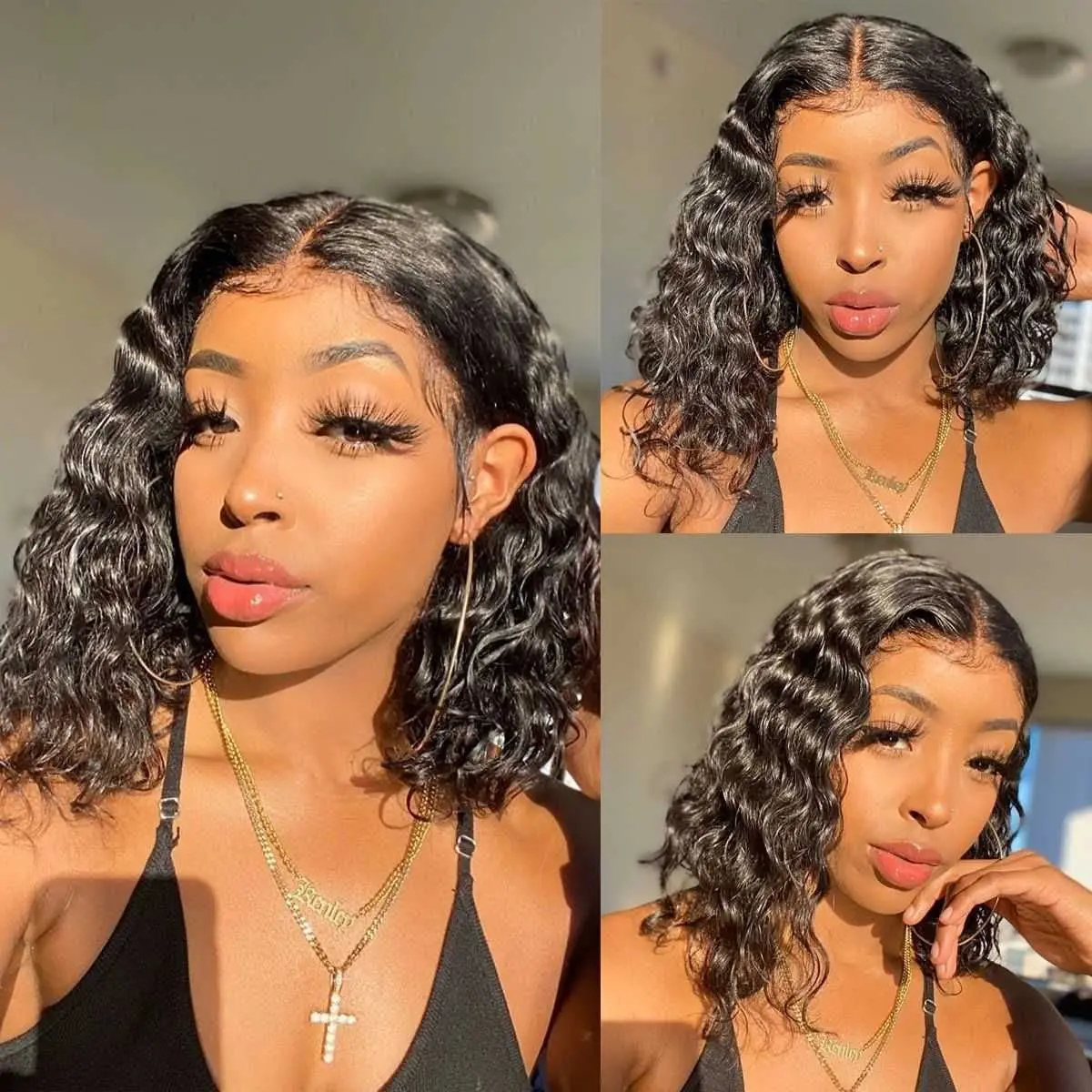 

Short Curly Bob Human Hair 4x4 HD Transparent Lace Closure Wigs Pre Plucked with Baby Hair Water Wave Brazilian Virgin Curly Bob