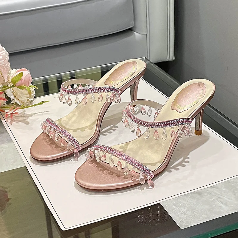 

New Summer Women's High-heeled Sandals with Rhinestone Pendants, Sexy Strappy Sandals, Crystal Pendant Sandals and Slippers