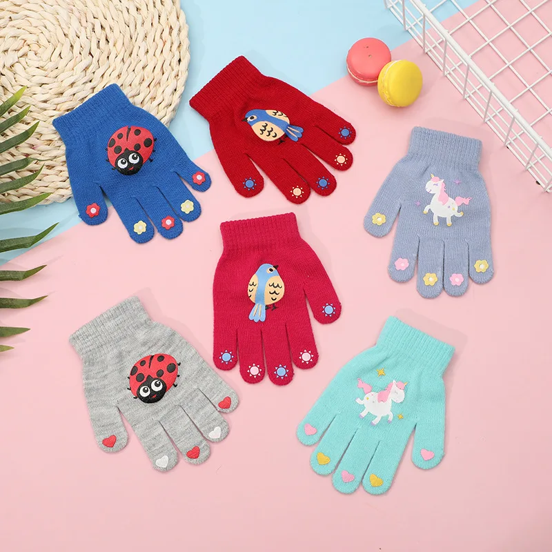 3-8 Years Kids Cartoon Gloves Cute Unicorn Winter Thick Warm Boy Girl Five Fingers Mittens Outdoor Windproof Student Gloves winter gloves