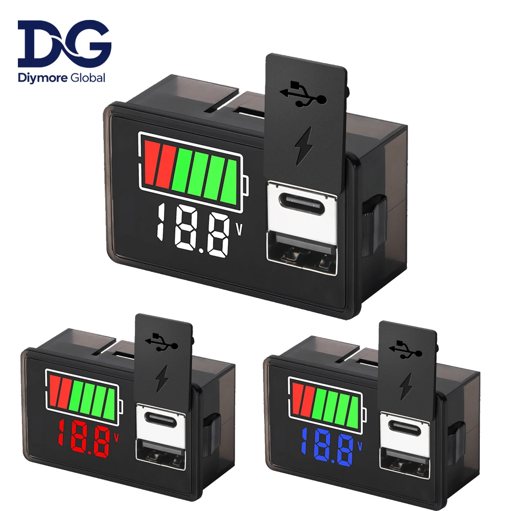 USB+타입-C 자동차 전압계 전압 측정기 12V 24V 3S-7S 리튬 배터리 용량 표시기 전력 테스터 리튬이온 납산 배터리