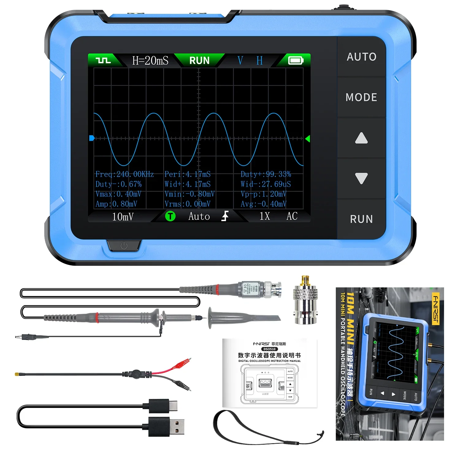 FNIRSI DSO510 10MHz Mini Handheld Intelligent Digital Oscilloscope Multi-function Signal Generator 2 IN 1 48MS/s Sampling Rate digital oscilloscope signal generator