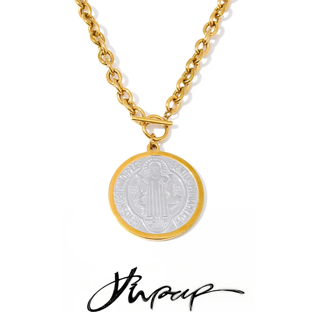 Yhpup Stainless Steel Double Sided Round Pendant Necklace Religious