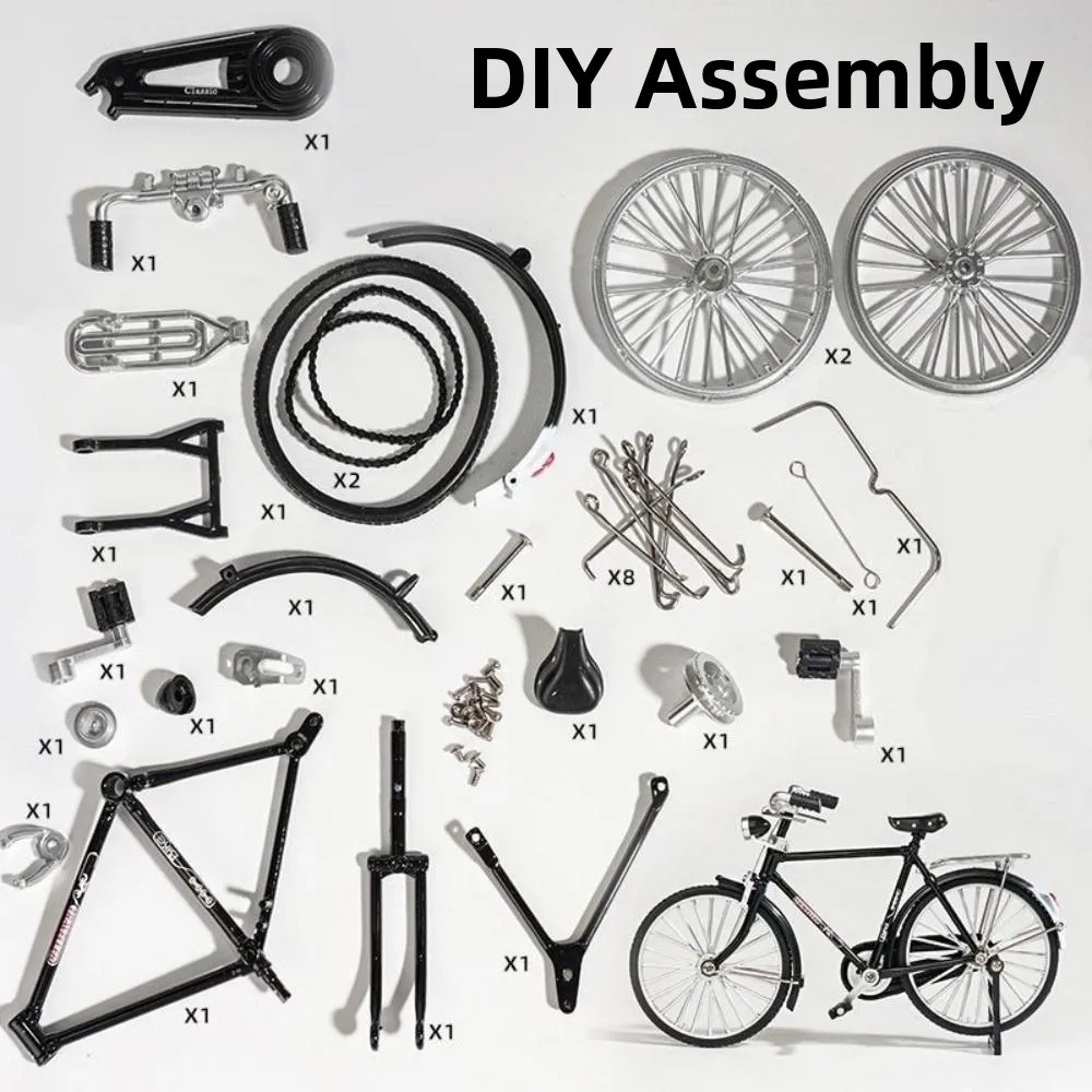 1:10 Scale Assembly Bicycle Model Toys DIY Alloy Simulation Bike Model Kit Self Assembled Desktop Decor Mini 28 Big Bar Bicycle