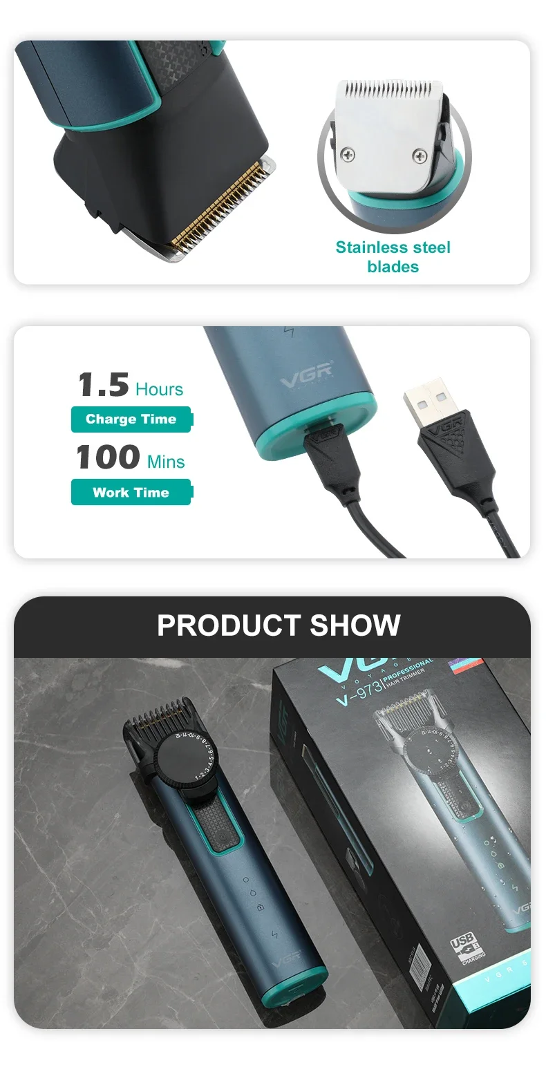 Original VGR 973 Einstellbare Elektrische Trimmer, Wasserdicht Bart Haar Clipper, trimmer Für Männer Wiederaufladbare Haar schneiden hine_voghion.com